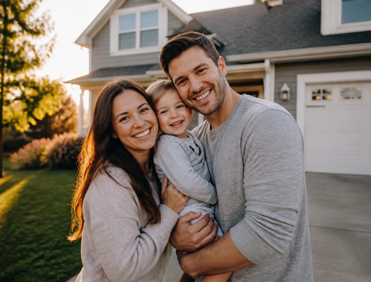 A smiling family standing in front of their home